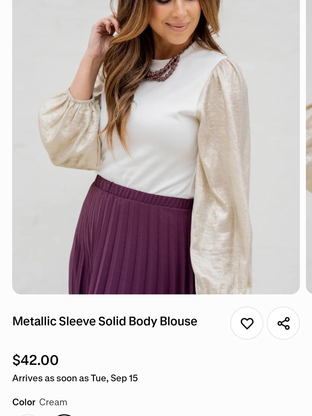 Cream Blouse with Metallic Puff Sleeves